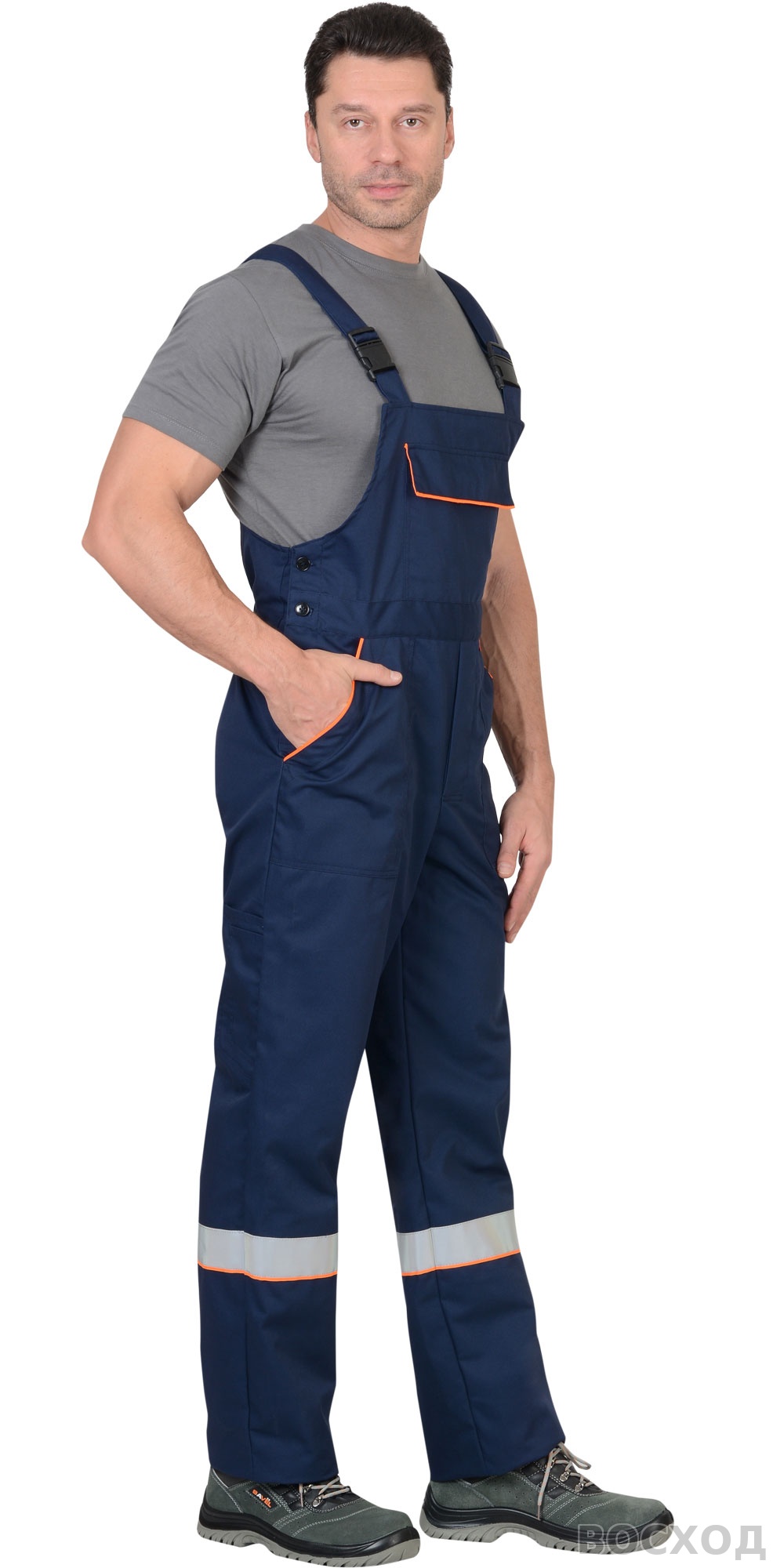 Костюм СИРИУС-МАСТЕР летний: куртка, полукомбинезон, темно- с оранжевой отделкой