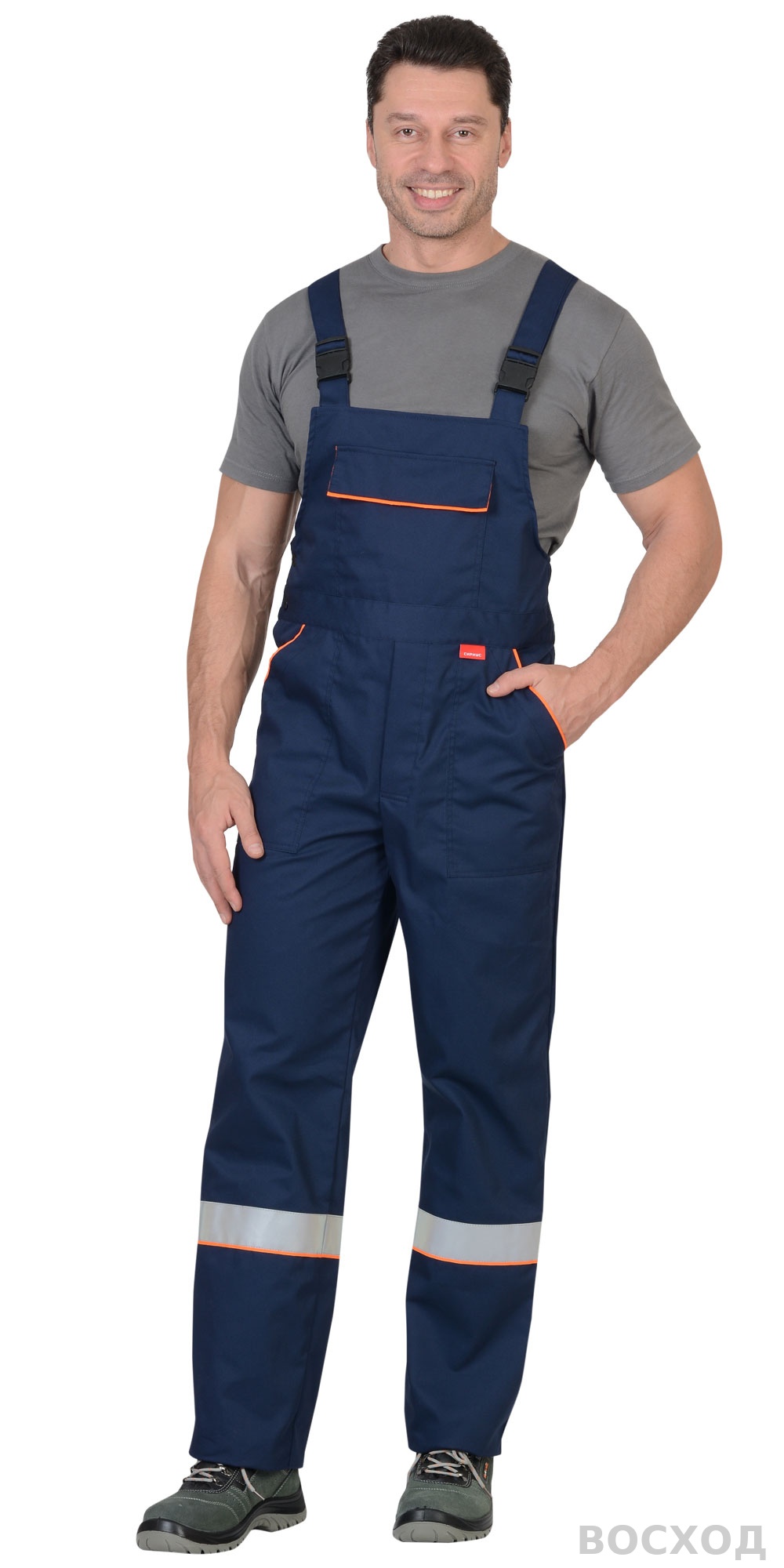 Костюм СИРИУС-МАСТЕР летний: куртка, полукомбинезон, темно- с оранжевой отделкой