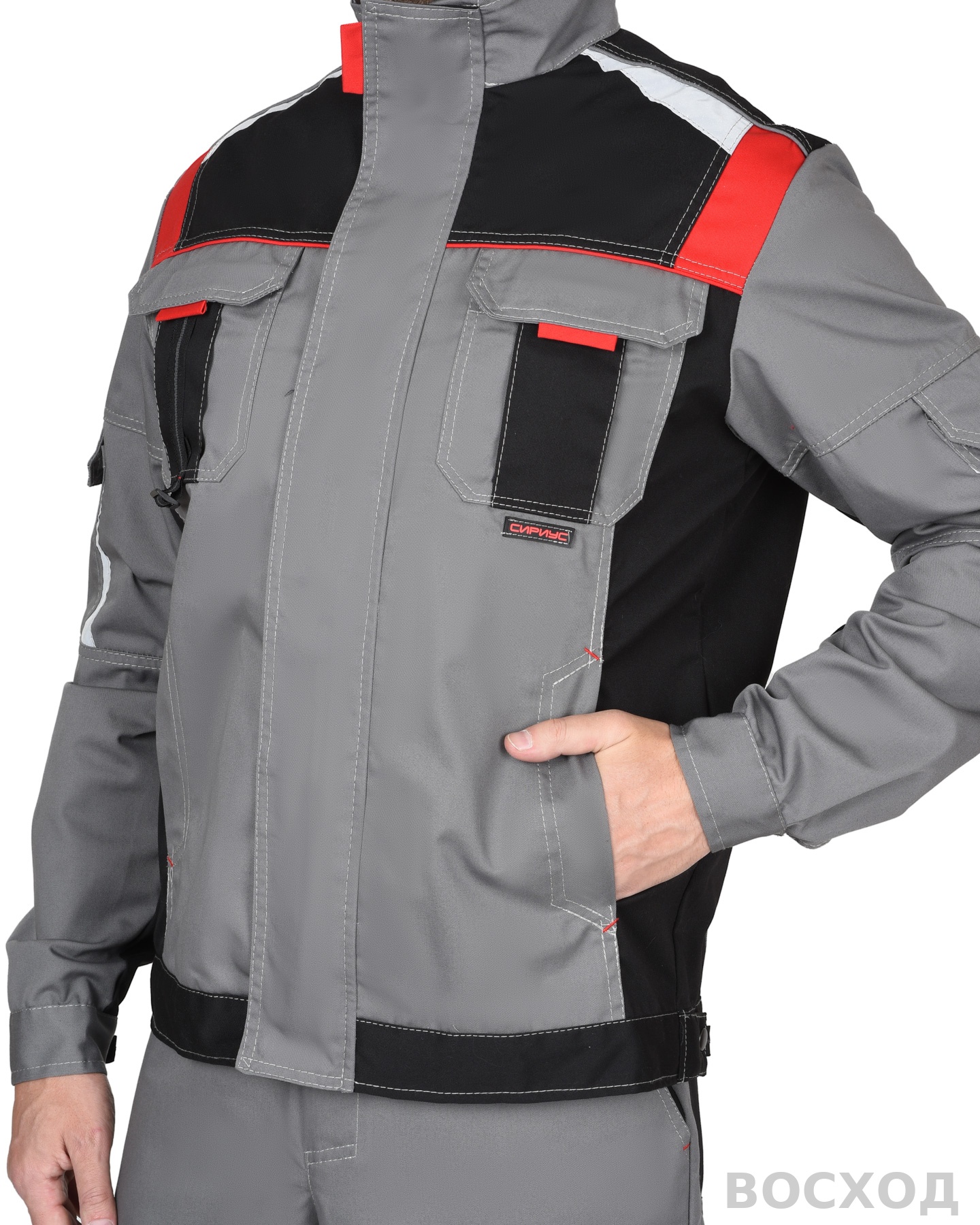 Куртка СИРИУС-СТАН ср-серая с черной и красной отделкой