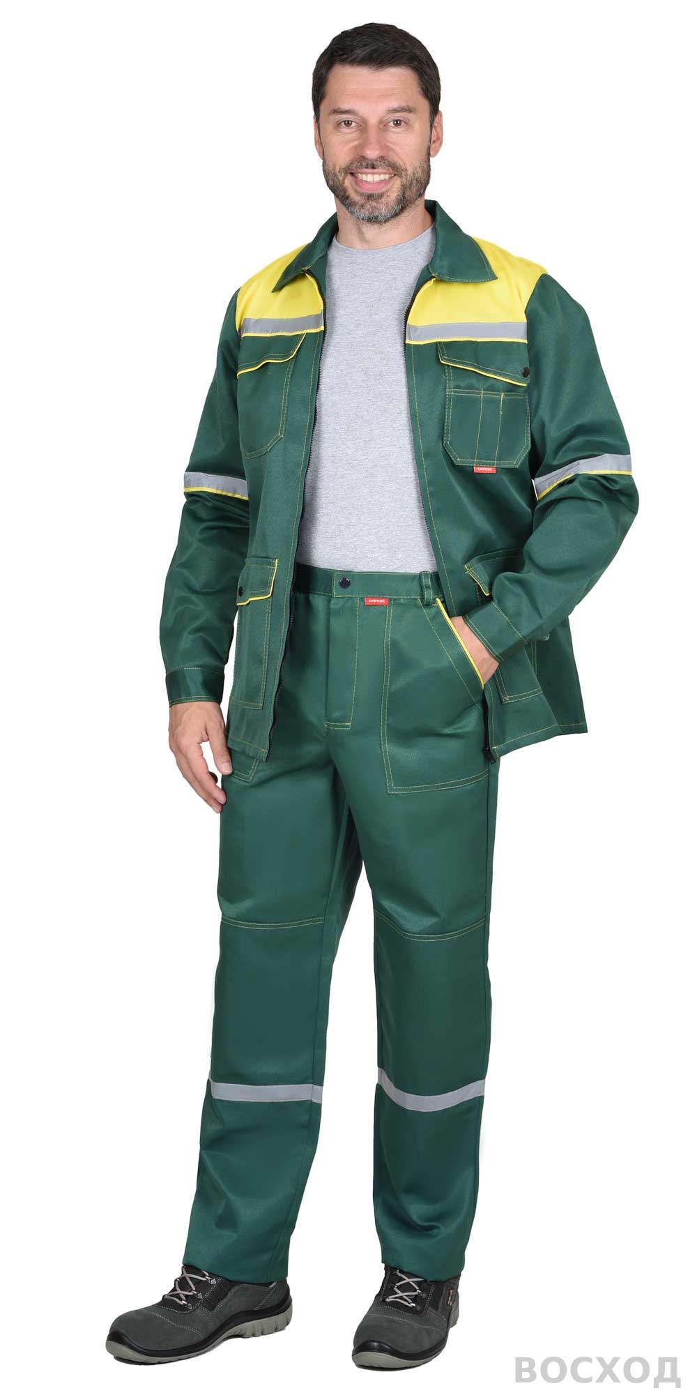 Костюм СИРИУС-МЕХАНИК куртка, брюки зелёный с жёлтым и СОП