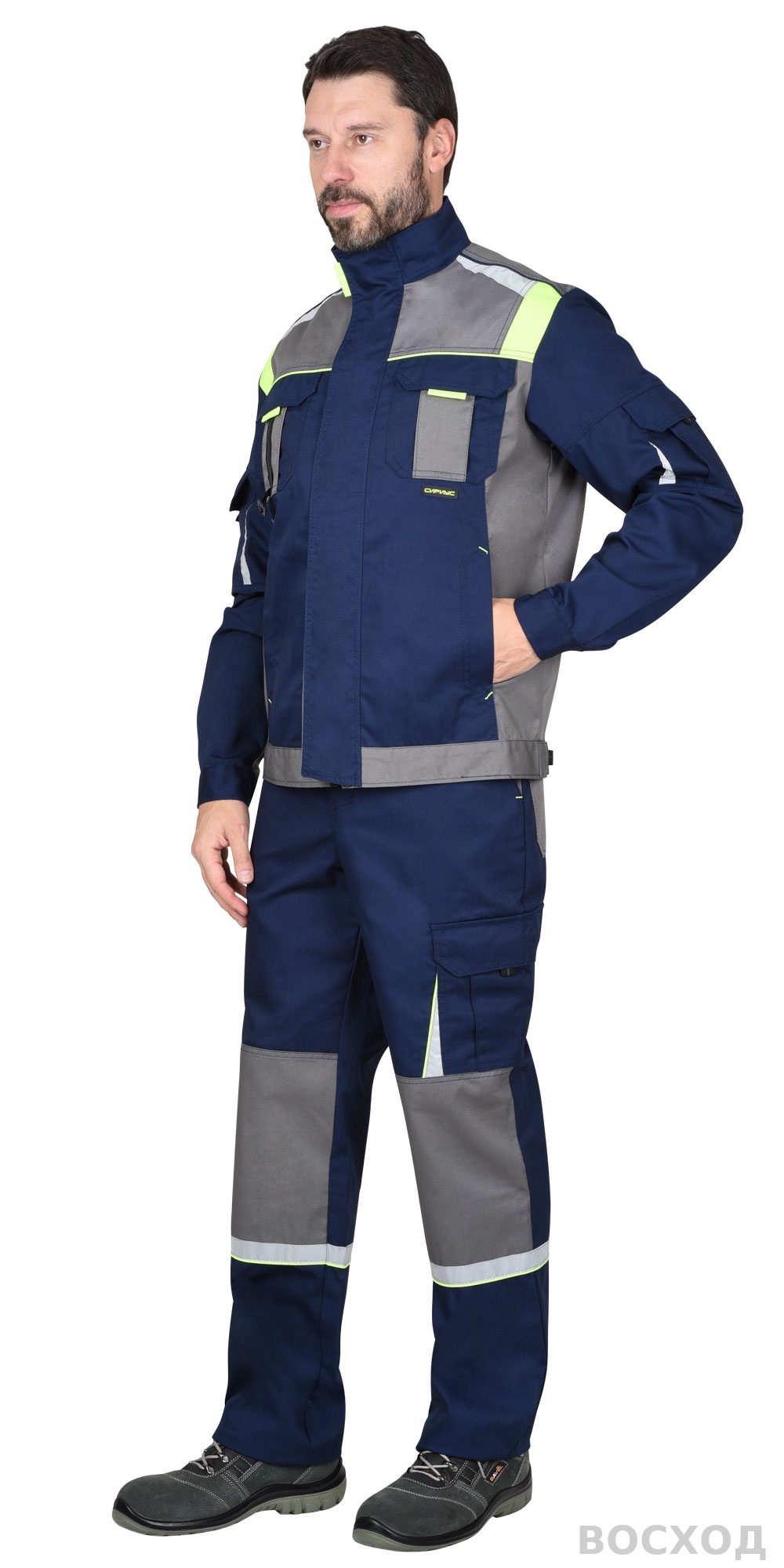 Костюм СИРИУС-СТАН куртка кор., п/к со ср.серым и лимонным