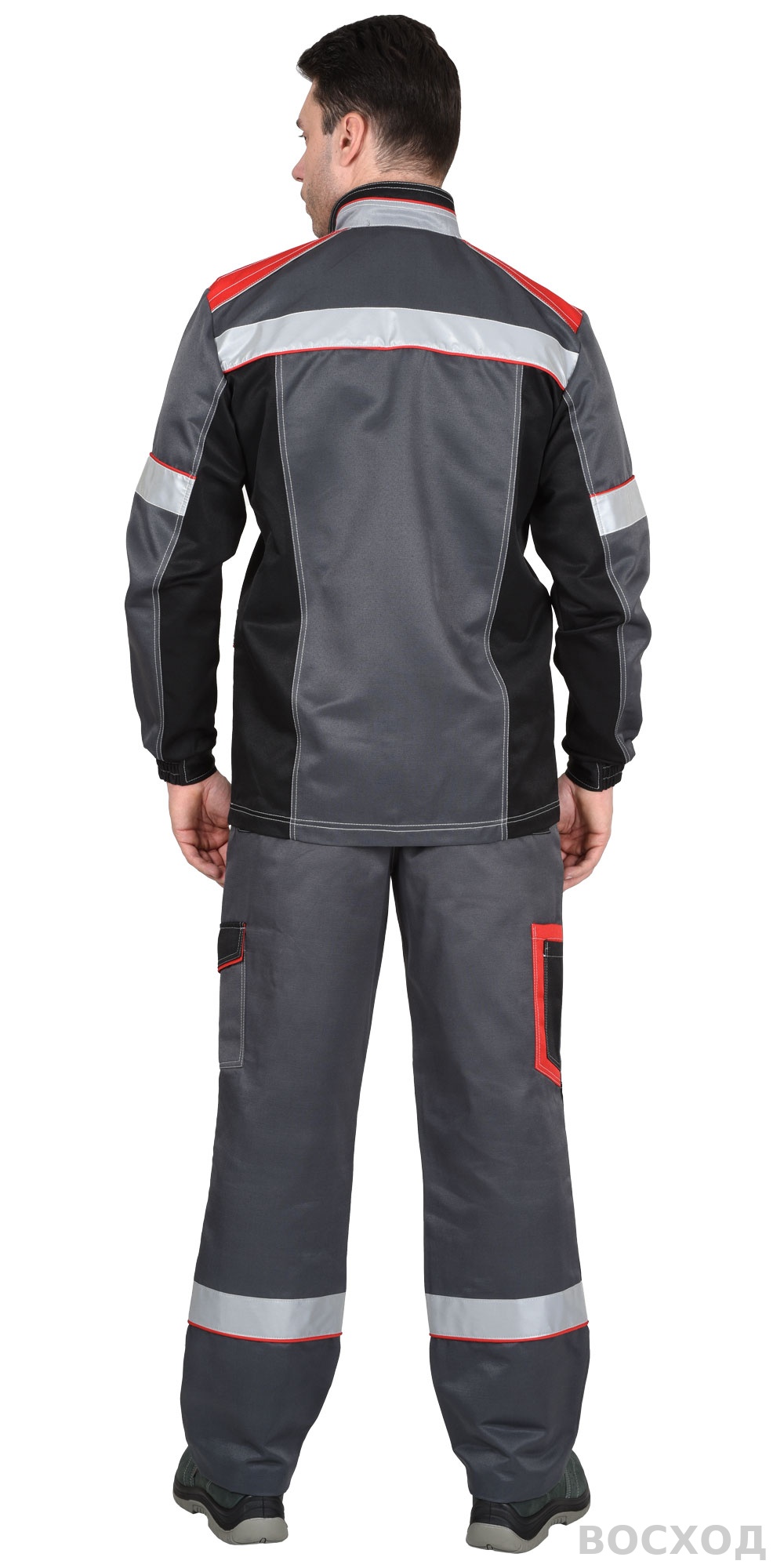 Костюм СИРИУС-ПОЛИНОМ куртка и брюки, т. с черным со св.серым и красным, СОП