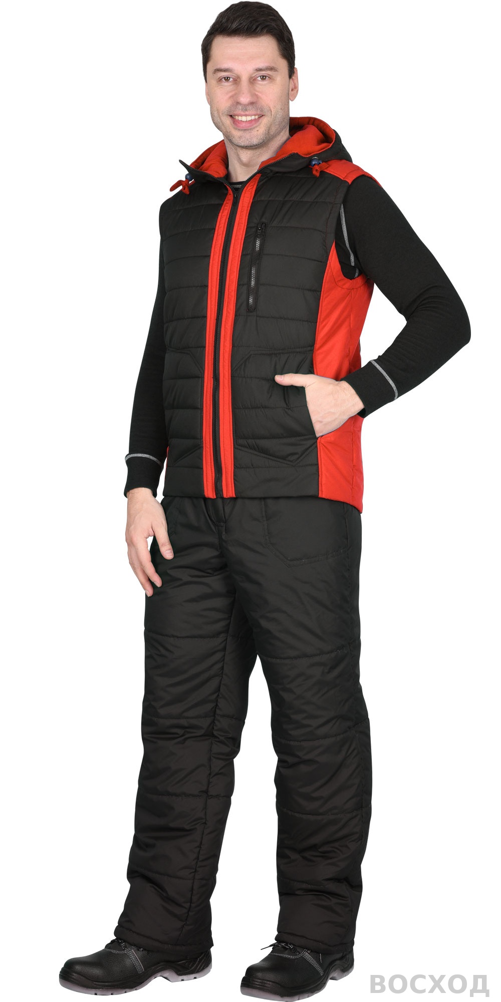 Жилет СИРИУС-УРБАН утепленный с капюшоном черный с красным