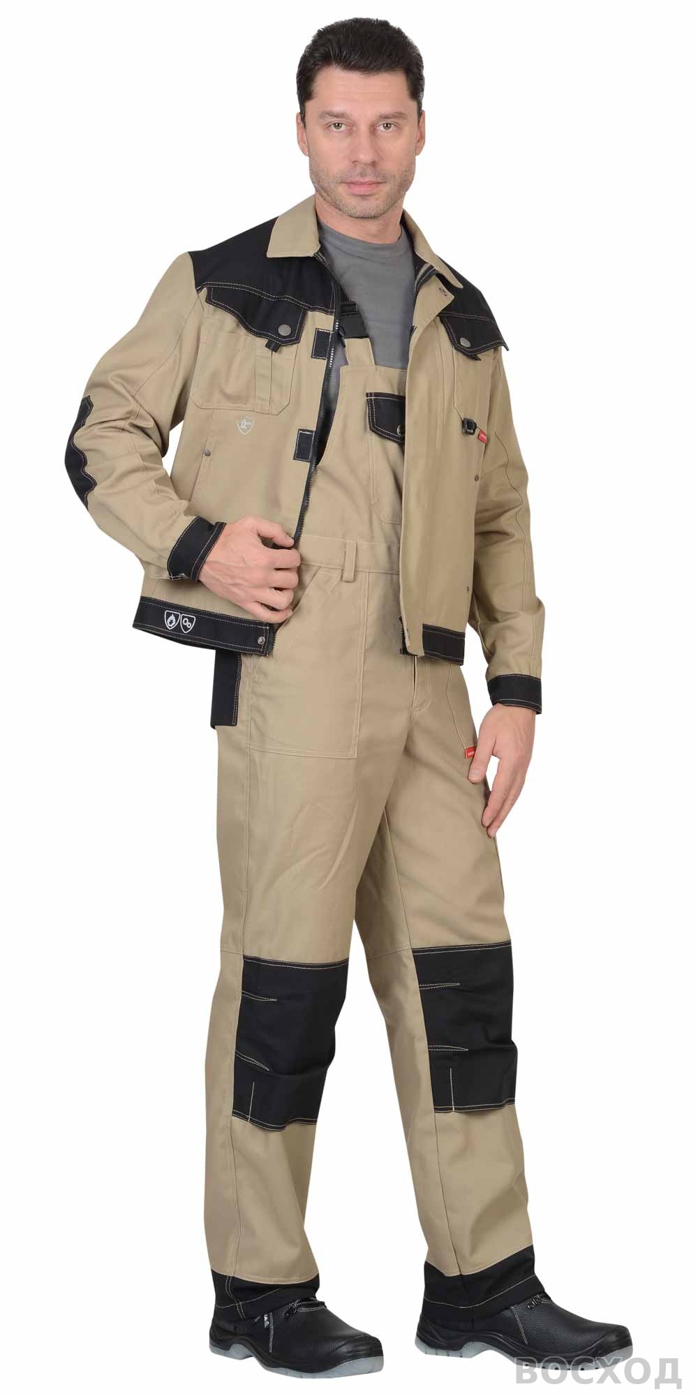 Костюм летний СИРИУС-ВЕСТ-ВОРК куртка кор., п/к бежевый с черным пл. 275 г/кв.м