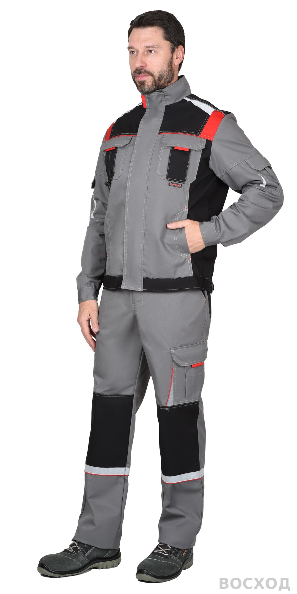 Костюм СИРИУС-СТАН куртка, п/к ср. с черной и красной отделкой