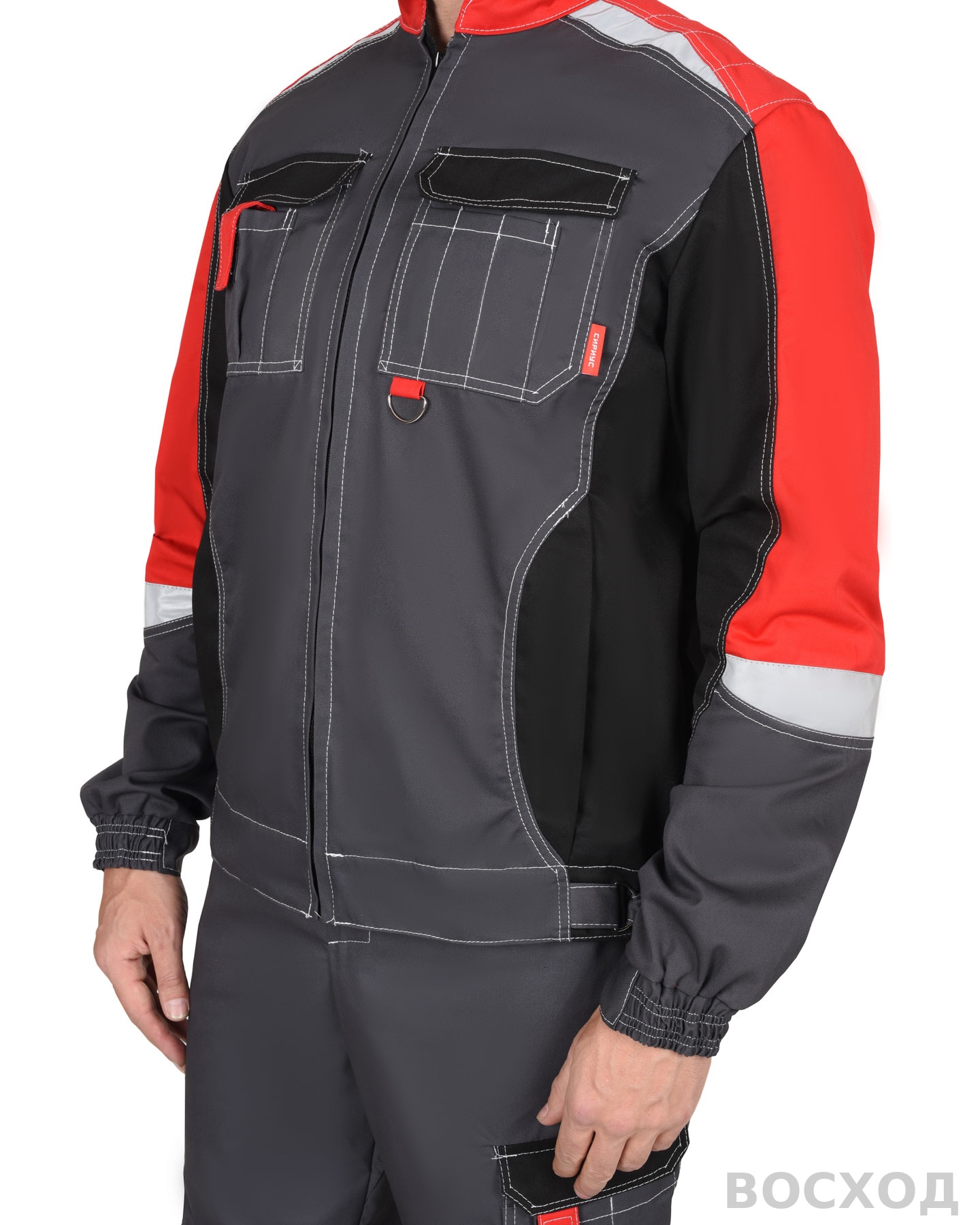 Костюм мужской летний СИРИУС-ФАВОРИТ-МЕГА куртка и полукомбинезон, с черным и красным, СОП