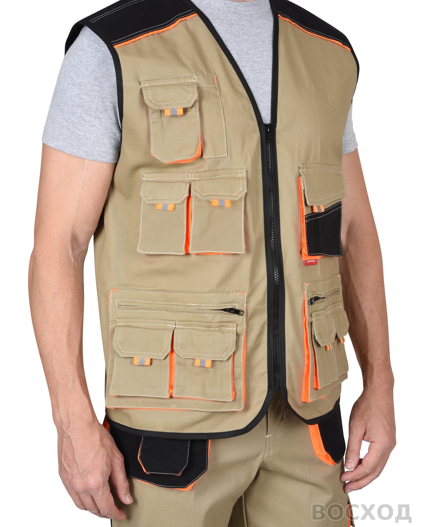 Костюм СИРИУС-МАНХЕТТЕН брюки, жилет с оранж. и черным тк. мех. стрейч пл. 250г/кв.м