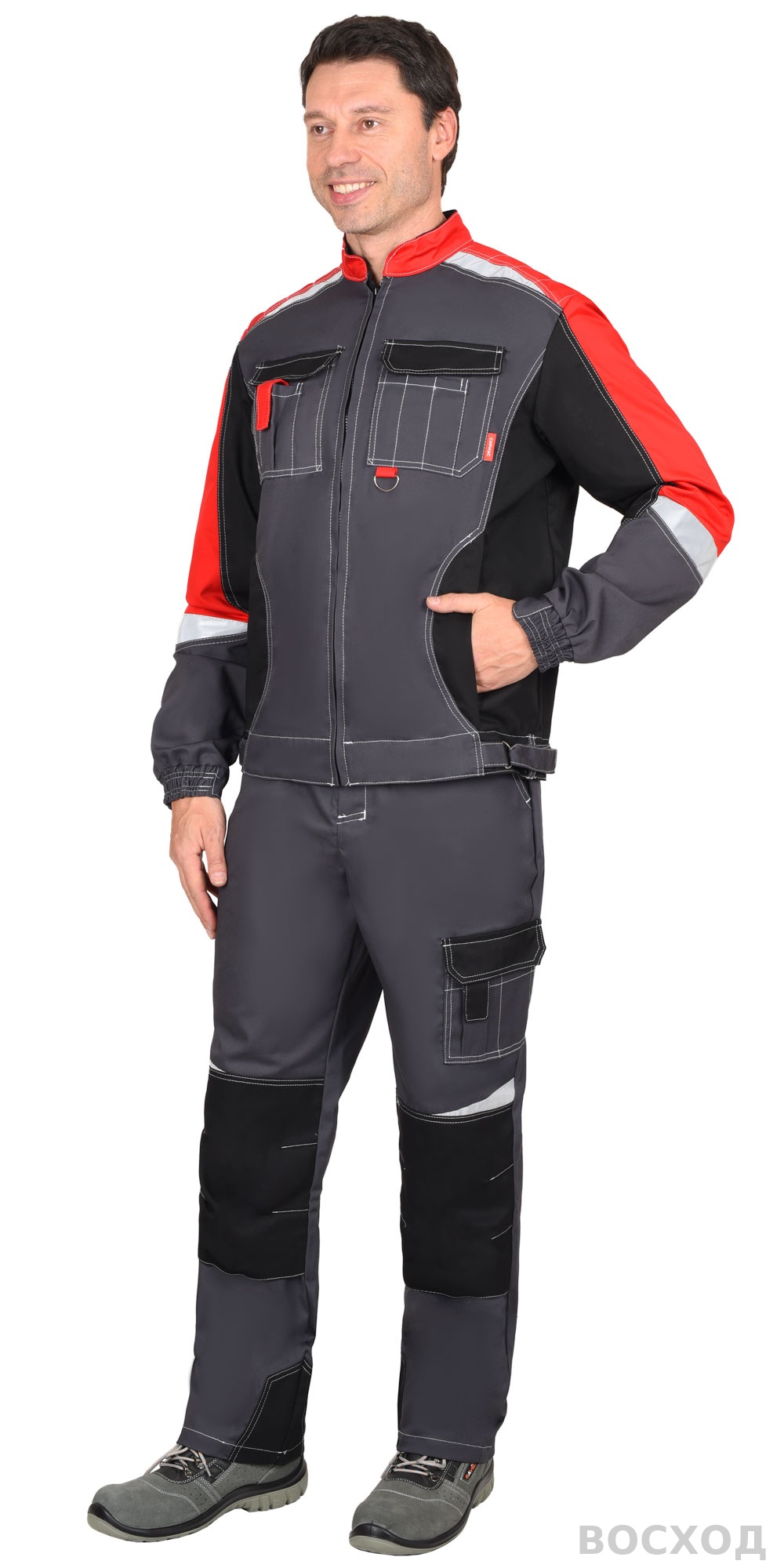 Костюм СИРИУС-ФАВОРИТ-МЕГА мужской летний, куртка и брюки, с красным и черным, СОП