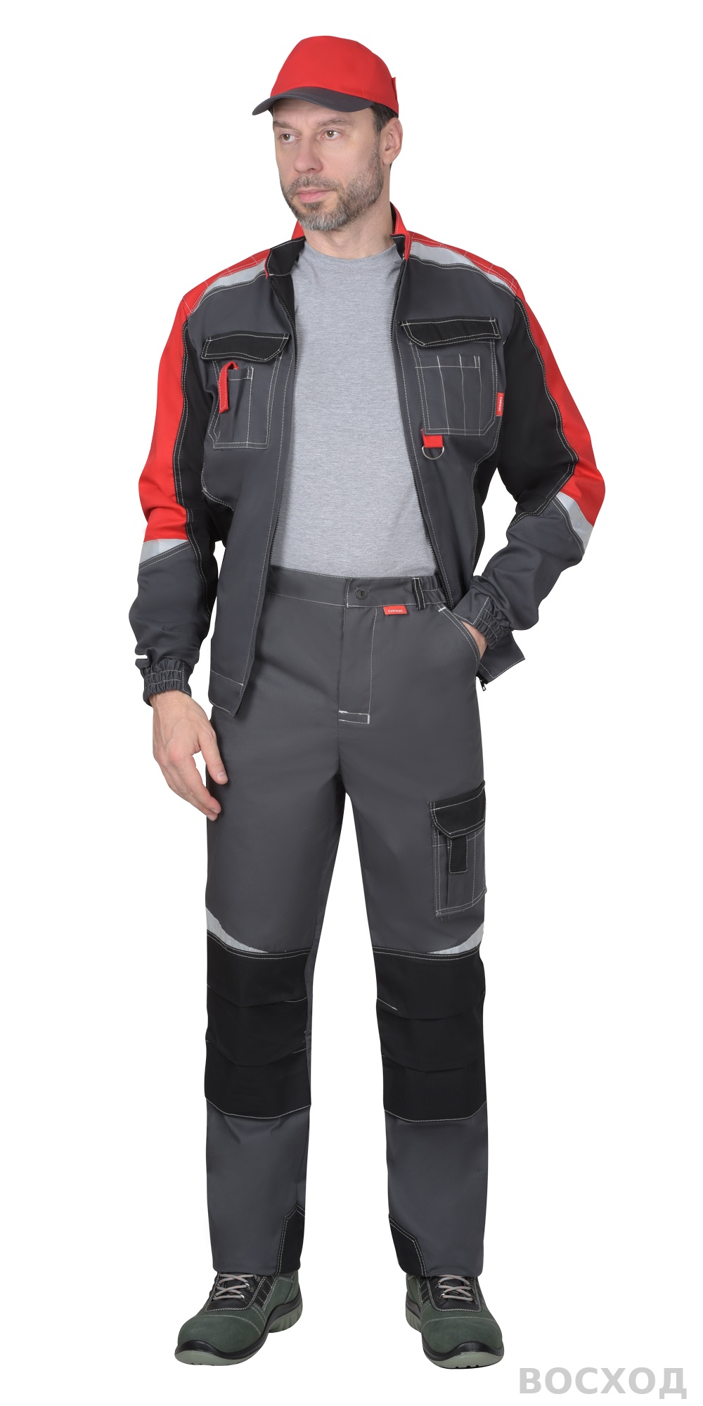 Костюм СИРИУС-ФАВОРИТ-МЕГА мужской летний, куртка и брюки, с красным и черным, СОП