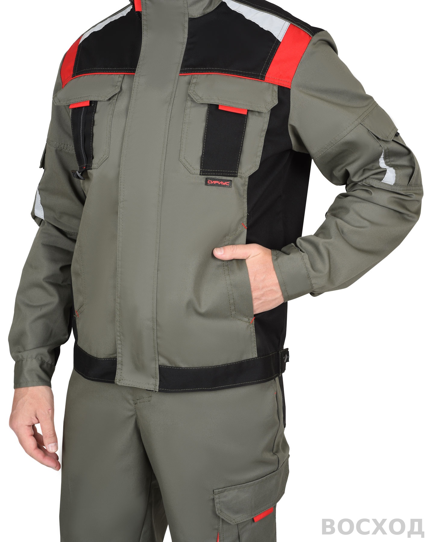 Костюм СИРИУС-СТАН куртка, п/к с черной и красной отделкой