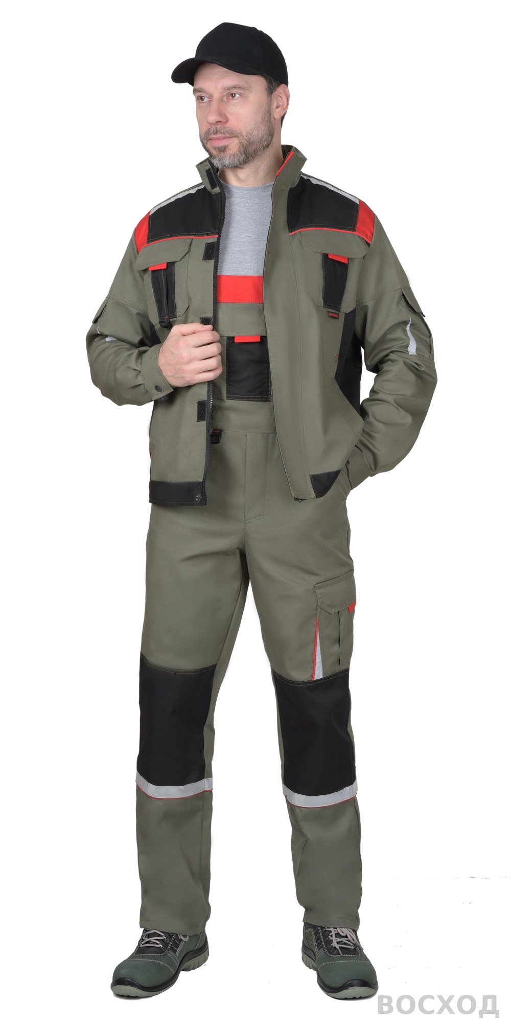 Костюм СИРИУС-СТАН куртка, п/к с черной и красной отделкой