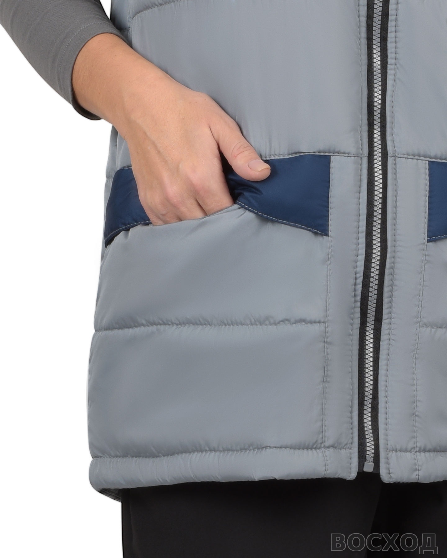 Жилет СИРИУС-ЕВРОНИКА утепленный светло- с тёмно-синим с капюшоном с флисовой подкладкой