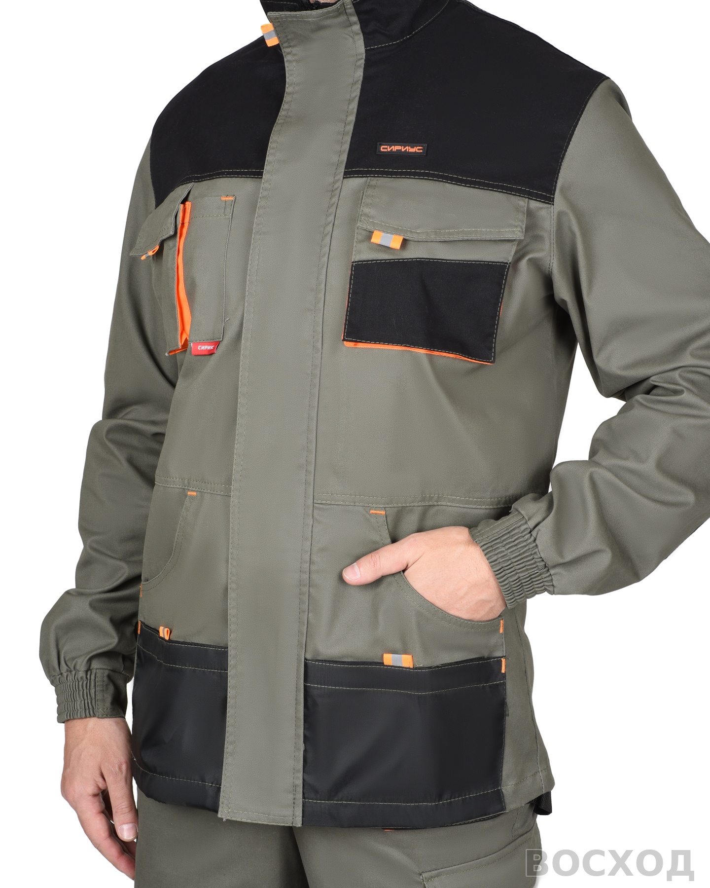 Костюм СИРИУС-МАНХЕТТЕН куртка дл., п/к олив. с оранж. и чер. тк. мех. стрейч 260 г/кв.м