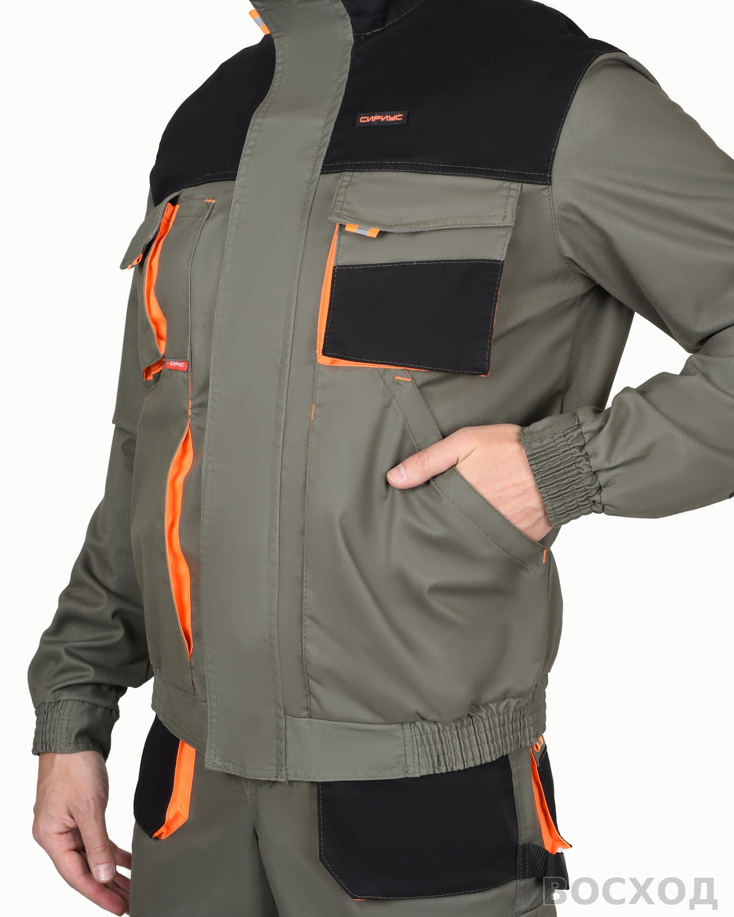 Костюм СИРИУС-МАНХЕТТЕН куртка кор., п/к с оранжевым и чер. тк. мех. стрейч пл 260 г/кв