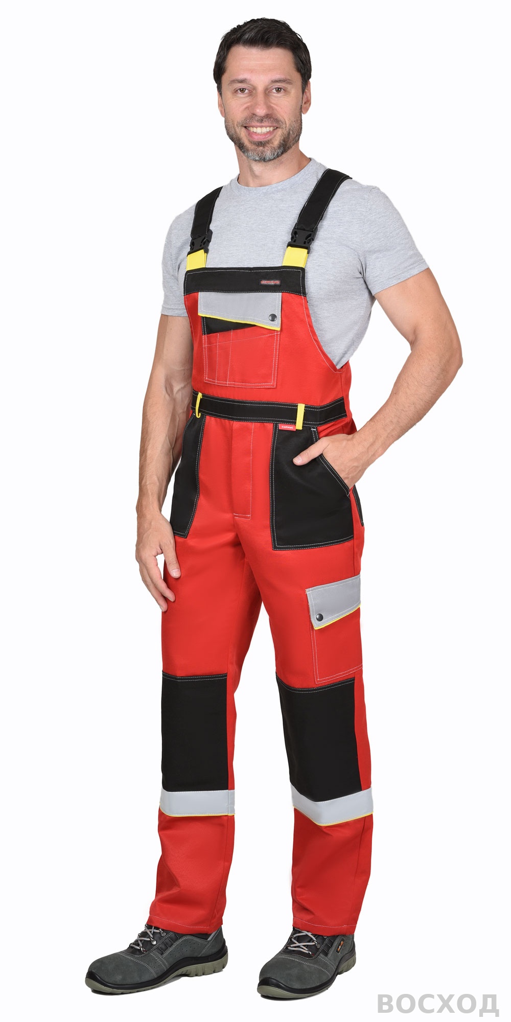 Костюм СИРИУС-ПОЛИНОМ муж.,курт.кор. п/к, черный с красным и св.серым СОП 50мм