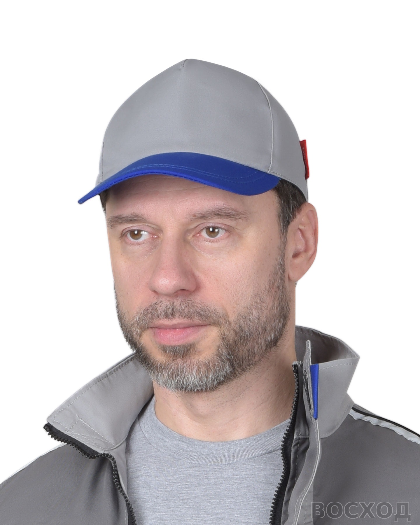 Кепка-бейсболка светло-серая с васильковым