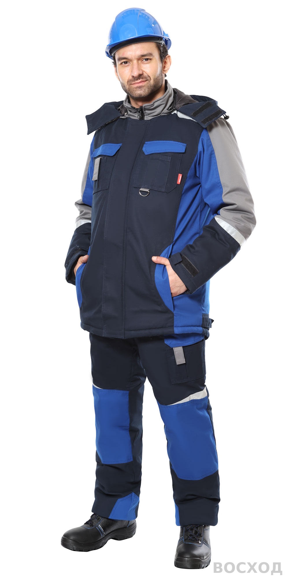 Костюм СИРИУС-ФАВОРИТ-МЕГА-РОСС зимний, куртка, п/к, тёмно- с васильковым, серым и СОП