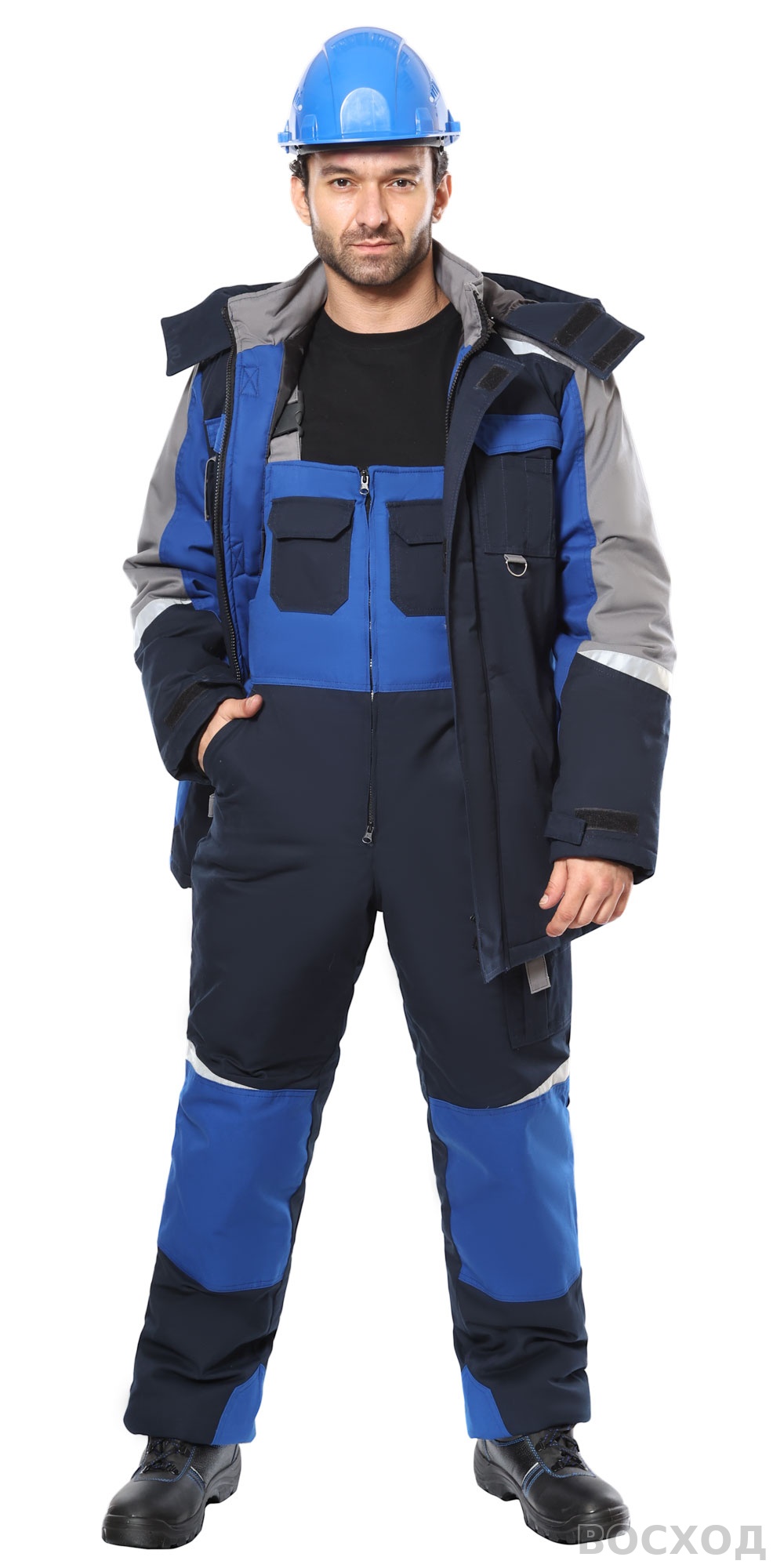 Костюм СИРИУС-ФАВОРИТ-МЕГА-РОСС зимний, куртка, п/к, тёмно- с васильковым, серым и СОП