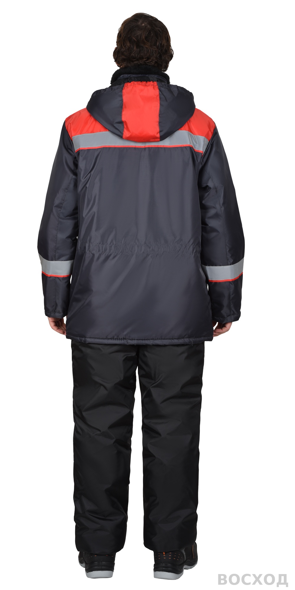 Куртка СИРИУС-БРИГАДИР зимняя мужская с мех. воротником и капюшоном, темно-серая с красным