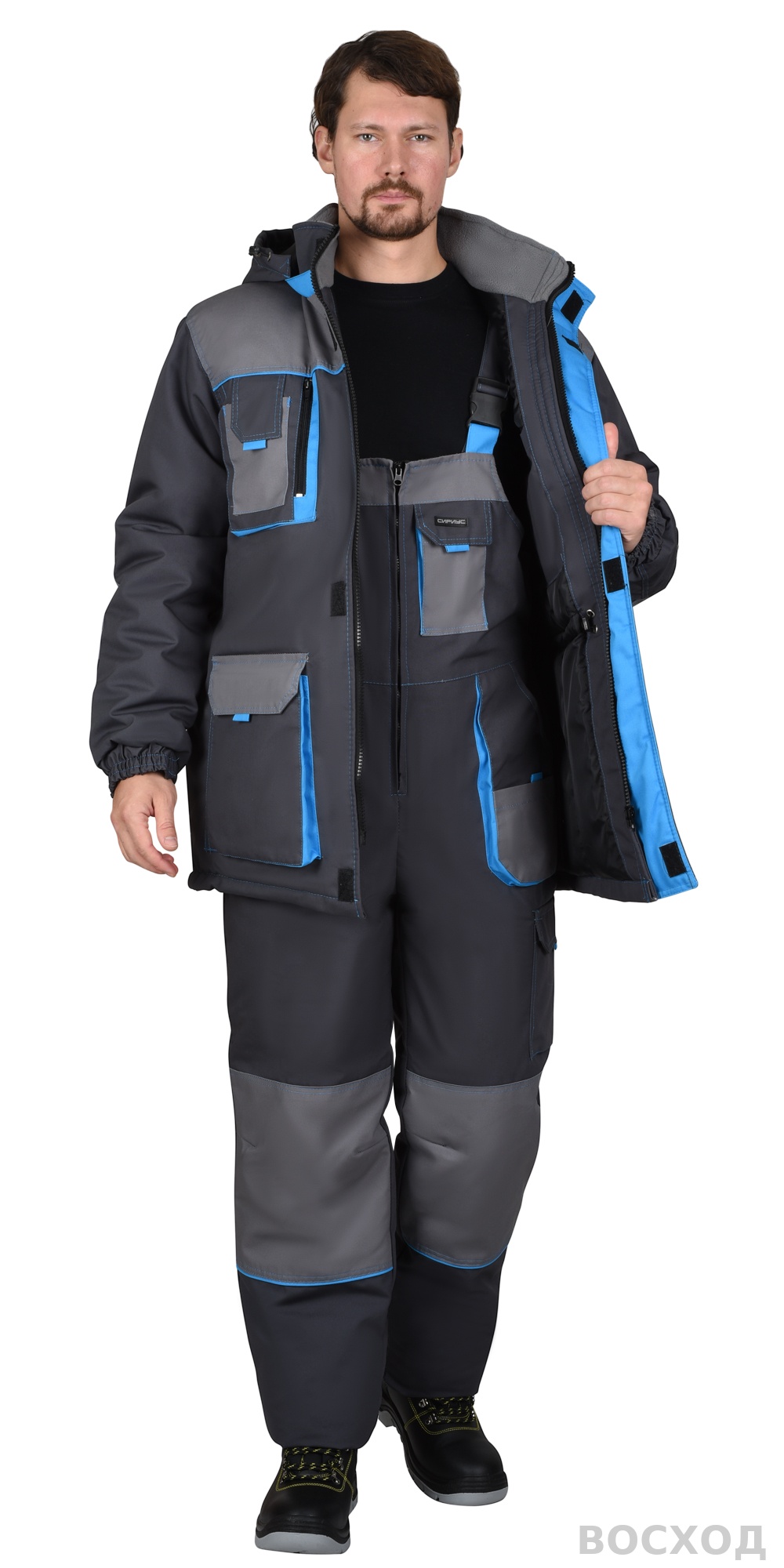 Костюм СИРИУС-ДВИН зимний, куртка удл., п/к т. со ср.серым и голубой отделкой