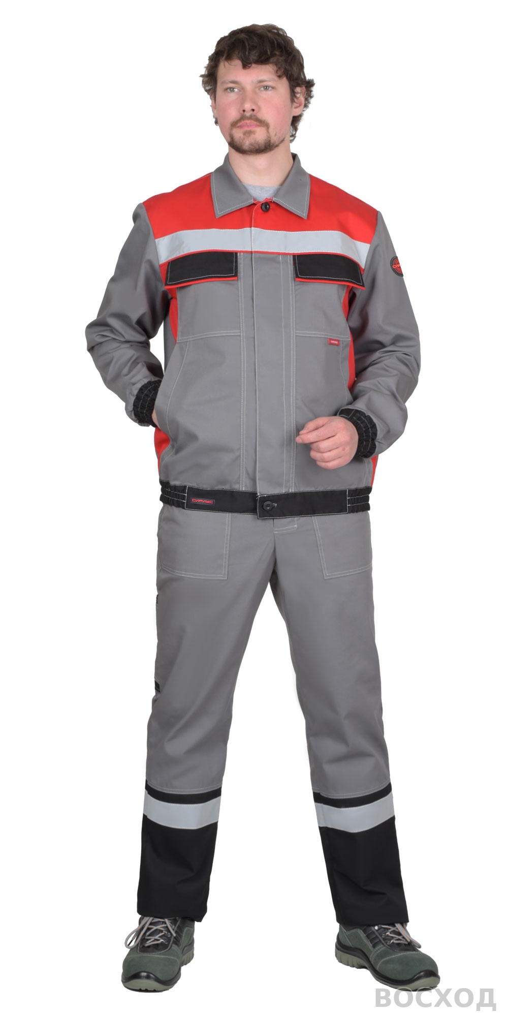 Костюм СИРИУС-МАСТЕР летний, куртка короткая, брюки, средне- с красным с СОП