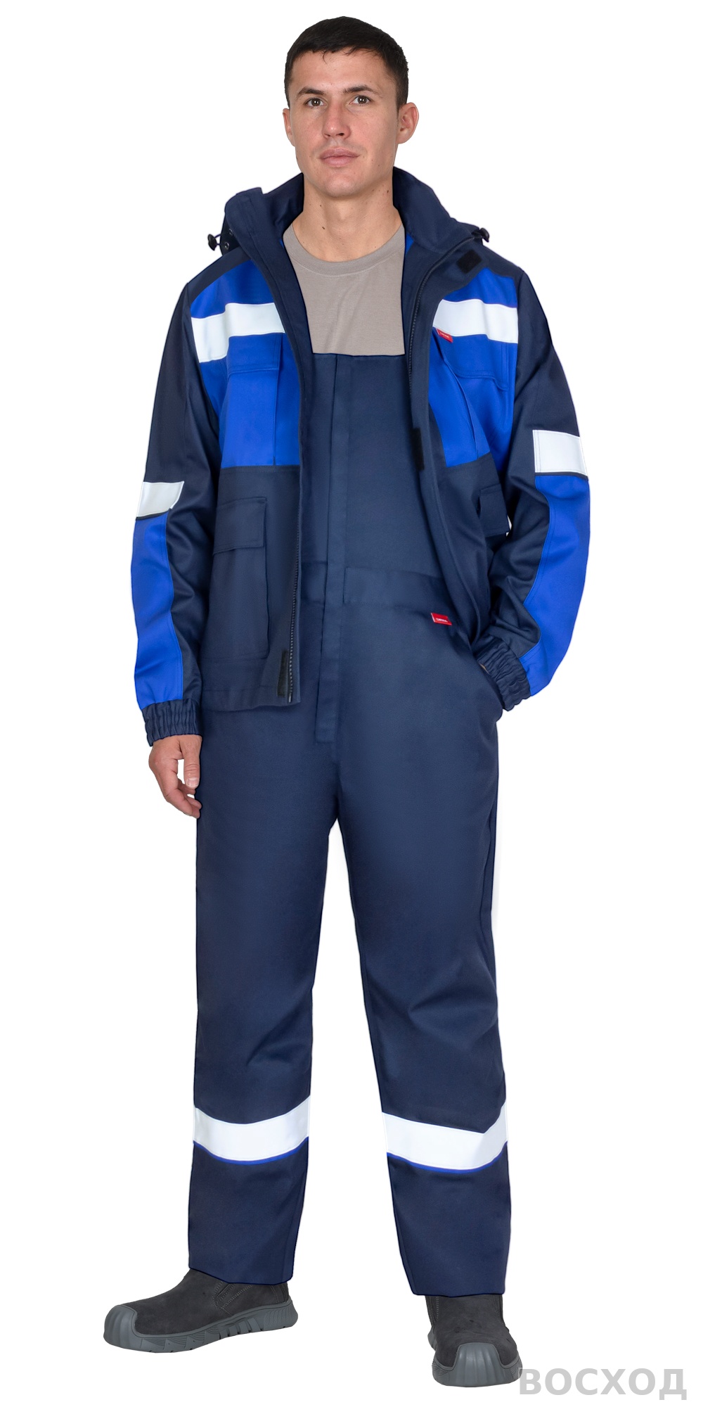 Костюм СИРИУС-ПЕТРОЛ куртка, п/к, темно- с васильковым и СОП, антистат 260 г/кв., ОП, НМВО