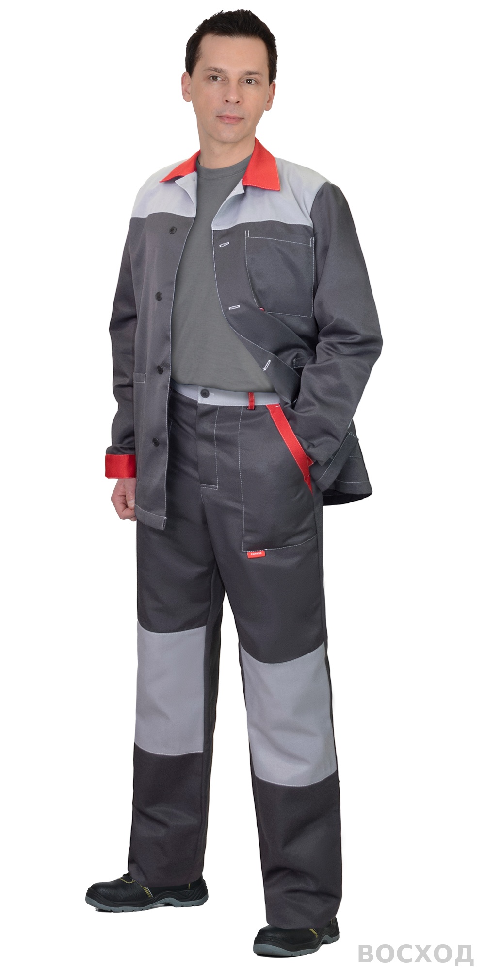 Костюм СИРИУС-АСПЕКТ куртка длин., брюки, темно- со светло-серым и красной отделкой