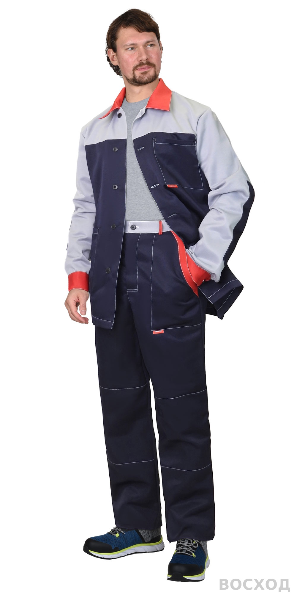 Костюм СИРИУС-АСПЕКТ куртка длинная, брюки, темно- со светло-серым с красной отделкой