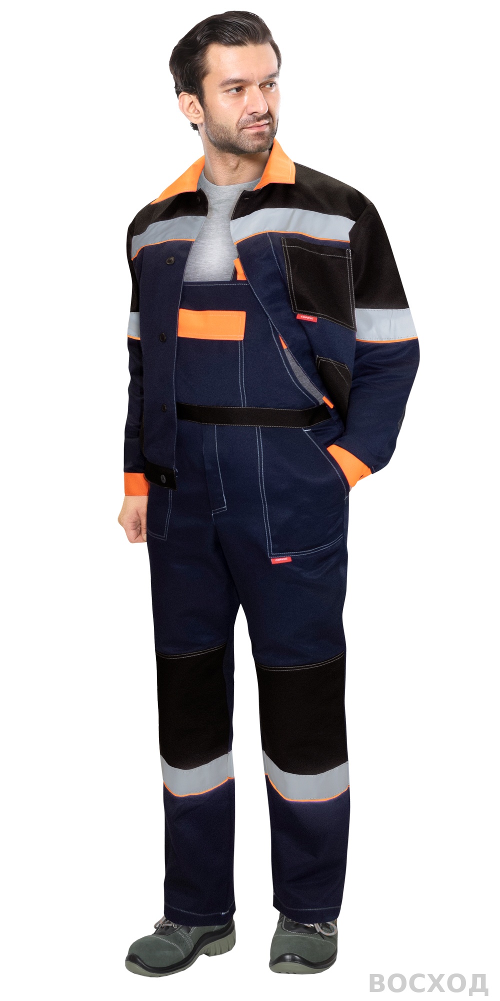 Костюм СИРИУС-ЛЕГИОНЕР куртка кор., п/к, темно- с черным с оранжевой отделкой и СОП