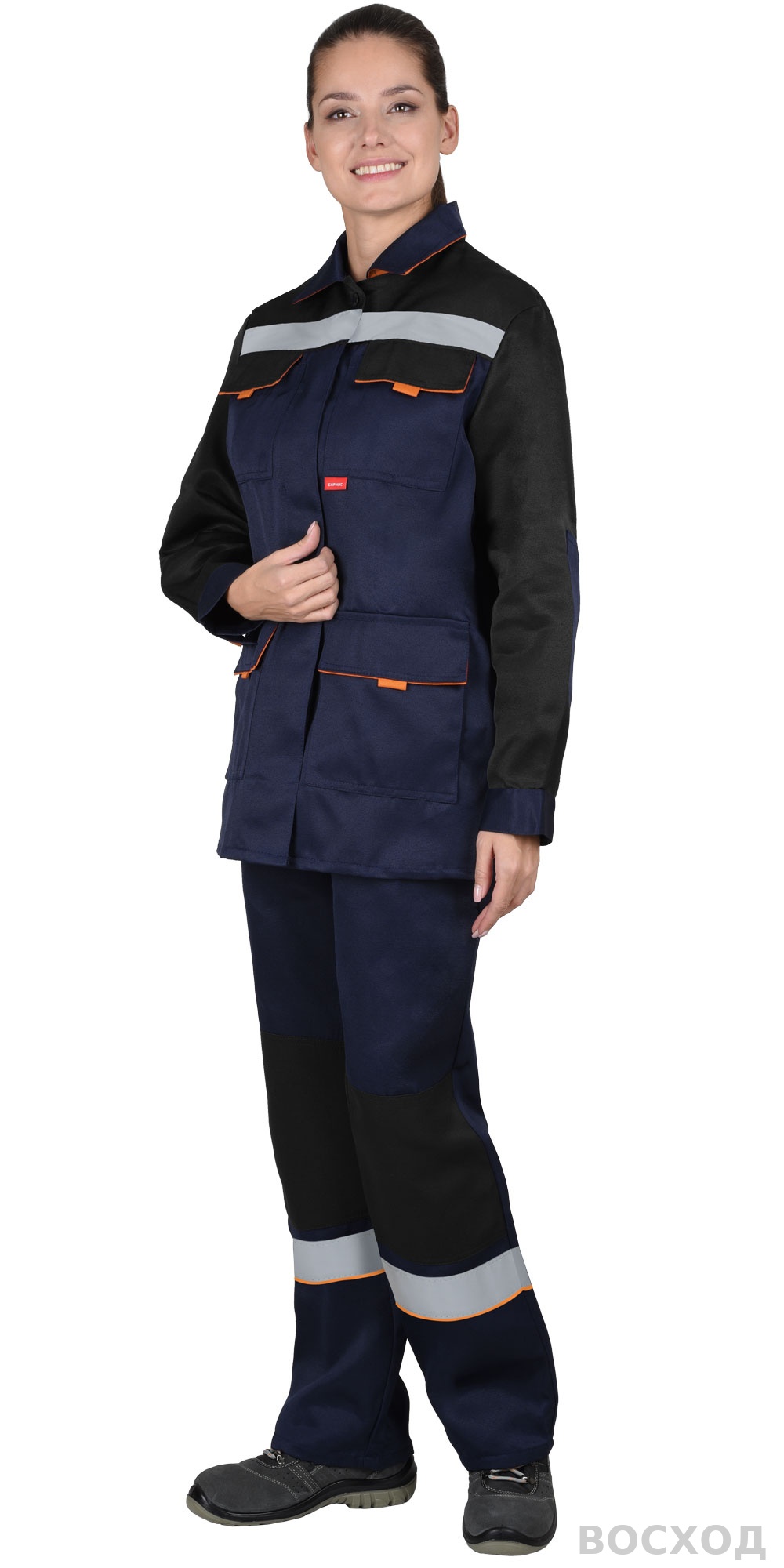 Костюм СИРИУС-УДАРНИЦА женский, куртка, п/к, темно- с черным с оранжевой отделкой и СОП