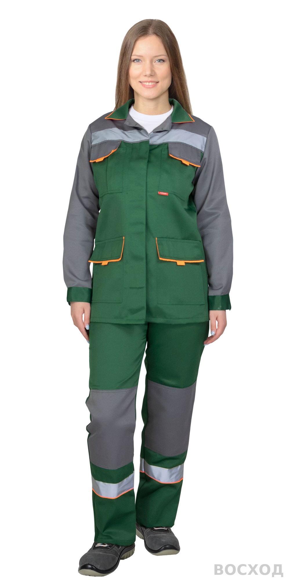 Костюм СИРИУС-УДАРНИЦА женский, куртка, п/к, со средне-серым с оранжевой отделкой и СОП
