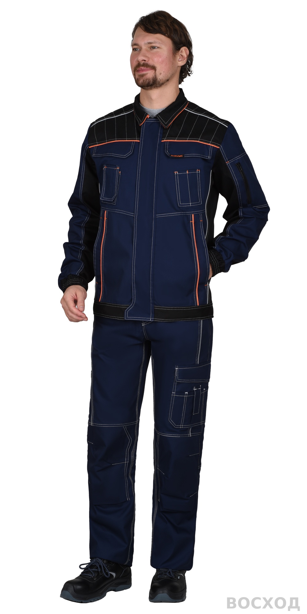 Костюм СИРИУС-ПРЕСТИЖ куртка, брюки, с черным и оранжевой отделкой