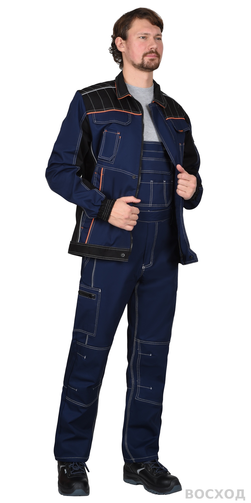 Костюм СИРИУС-ПРЕСТИЖ куртка, п/к, с черным и оранжевой отделкой