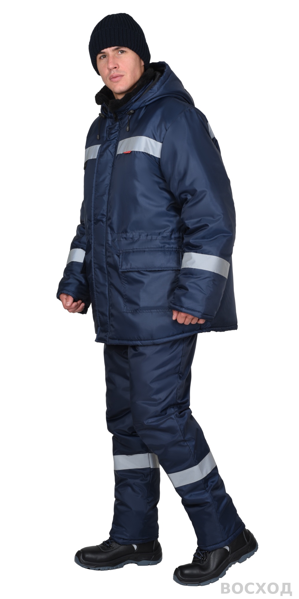 Куртка СИРИУС-БРИГАДИР зимняя, синяя с СОП, мех. ворот, капюшон (утеплитель 600 гр)