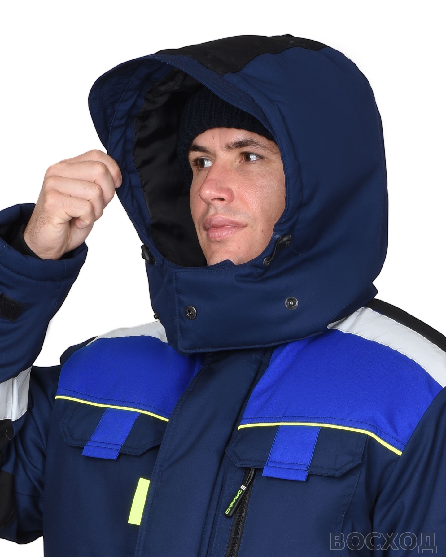 Костюм СИРИУС-БОСТОН-РОСС зимний, куртка длинная, п/к, с васильковым, чёрной отделкой и СОП