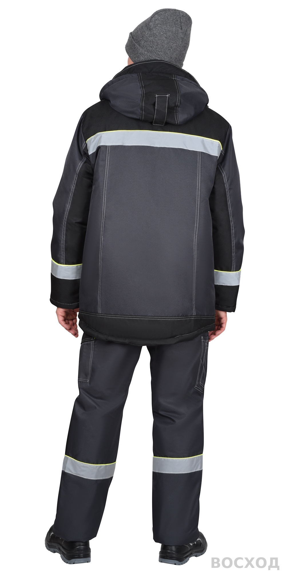 Костюм СИРИУС-ХОВАРД-М зимний, куртка длинная, брюки, темно- с черным, лимонной отделкой и СОП