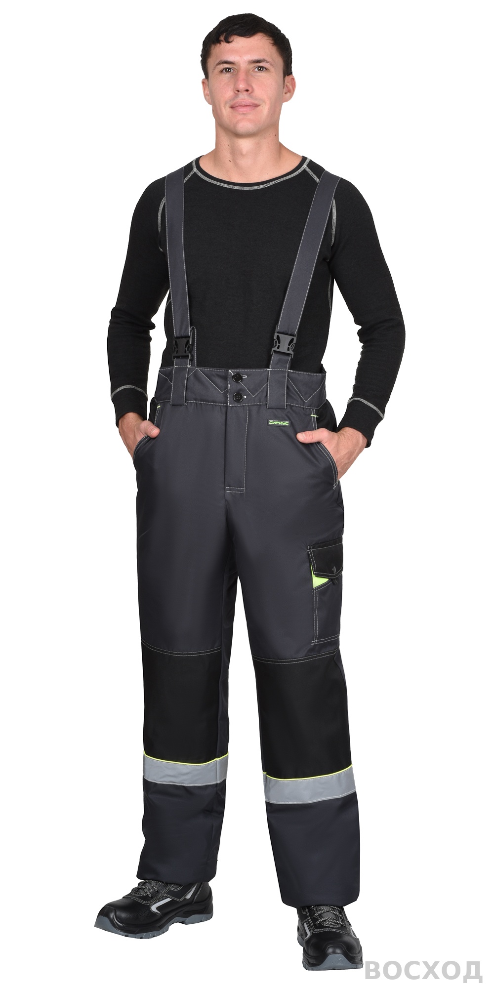 Костюм СИРИУС-ХОВАРД-М зимний, куртка длинная, брюки, темно- с черным, лимонной отделкой и СОП