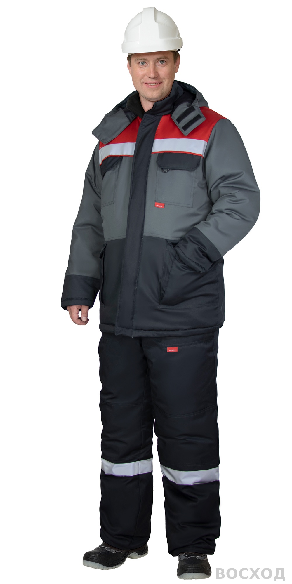 Костюм СИРИУС-ПАРИТЕТ-РОСС зимний, куртка длинная, брюки, черный с темно-серым, красным и СОП