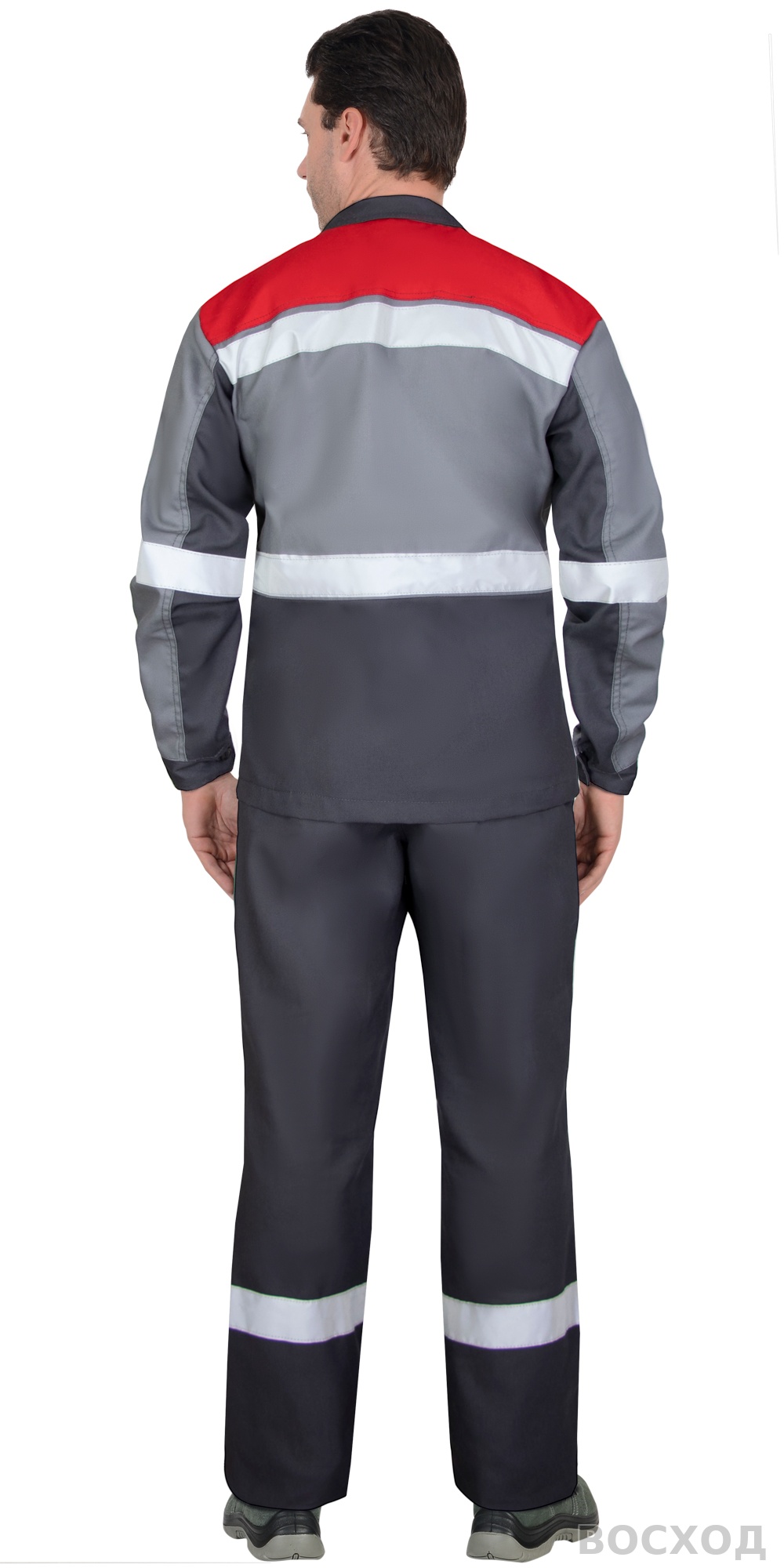 Костюм СИРИУС-ПАРИТЕТ куртка удлиненная, брюки, темно- со средне-серым, красным и СОП