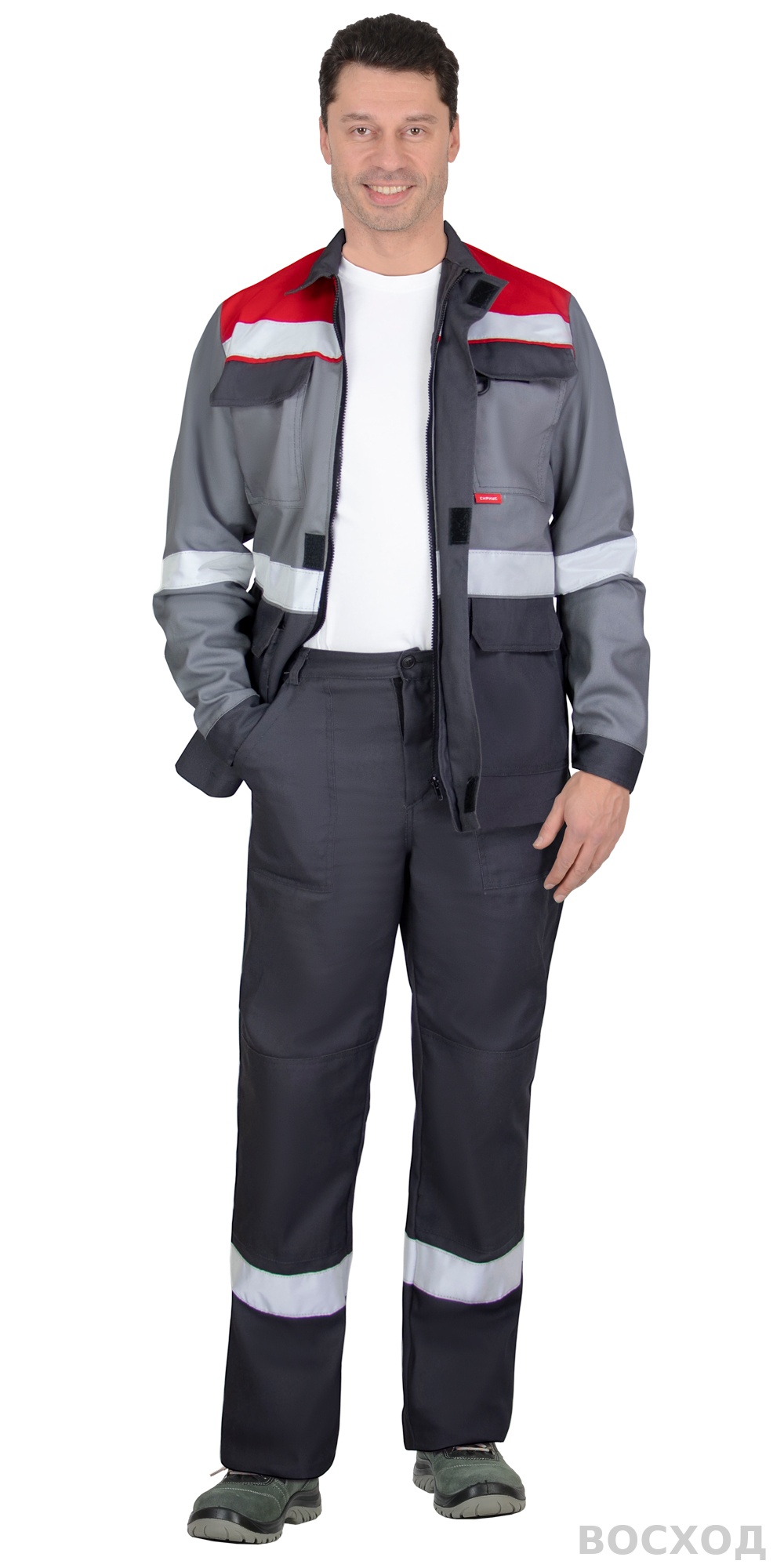 Костюм СИРИУС-ПАРИТЕТ куртка удлиненная, брюки, темно- со средне-серым, красным и СОП