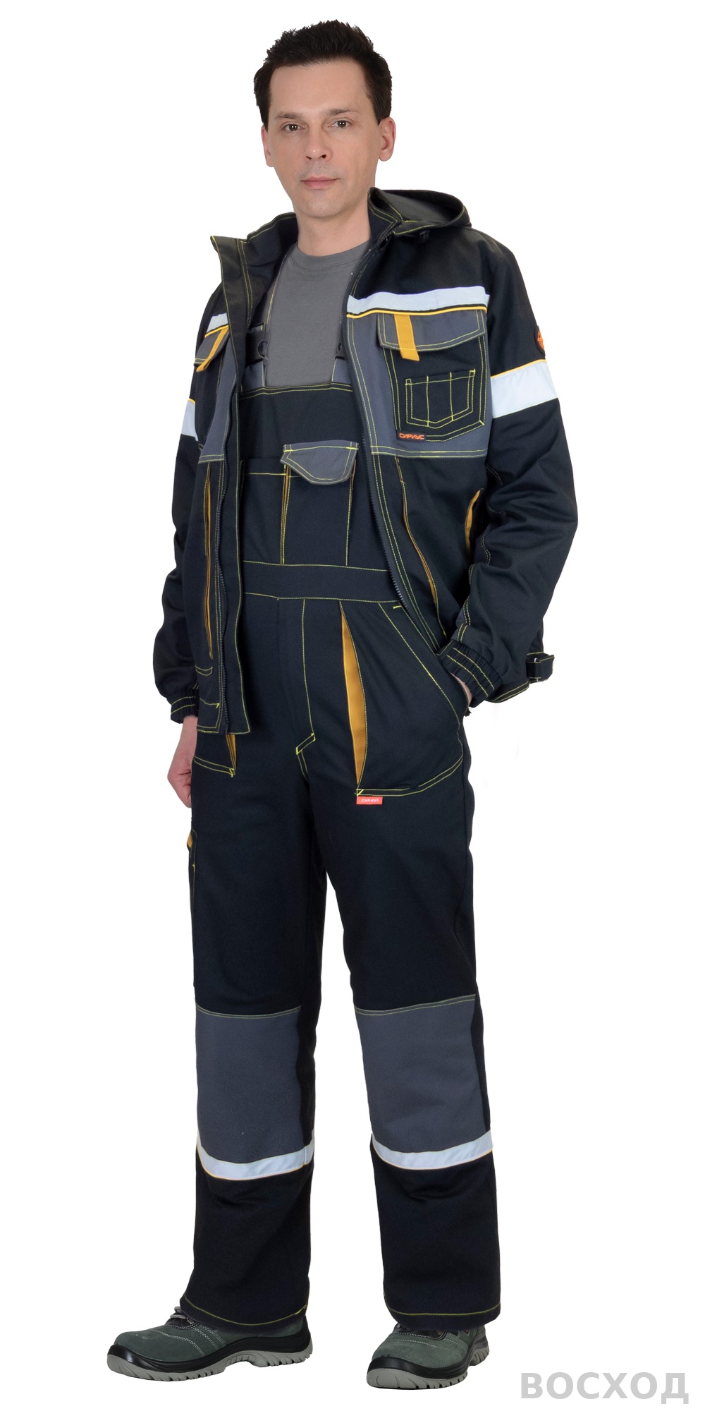 Костюм СИРИУС-РОДОС куртка, полукомбинезон, черный с темно-серым