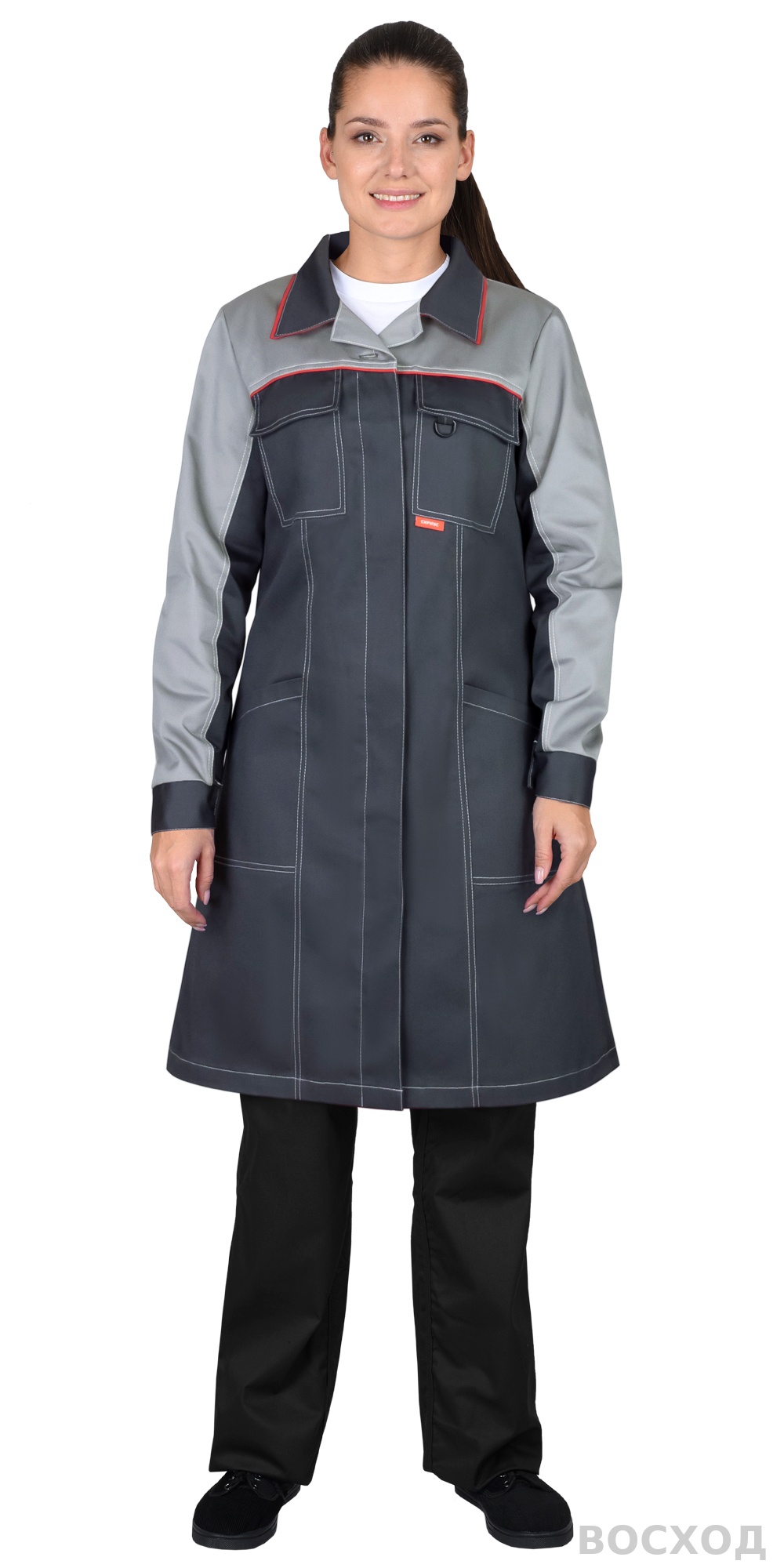 Халат СИРИУС-ИРИНА женский, тёмно- со светло-серым и красным кантом