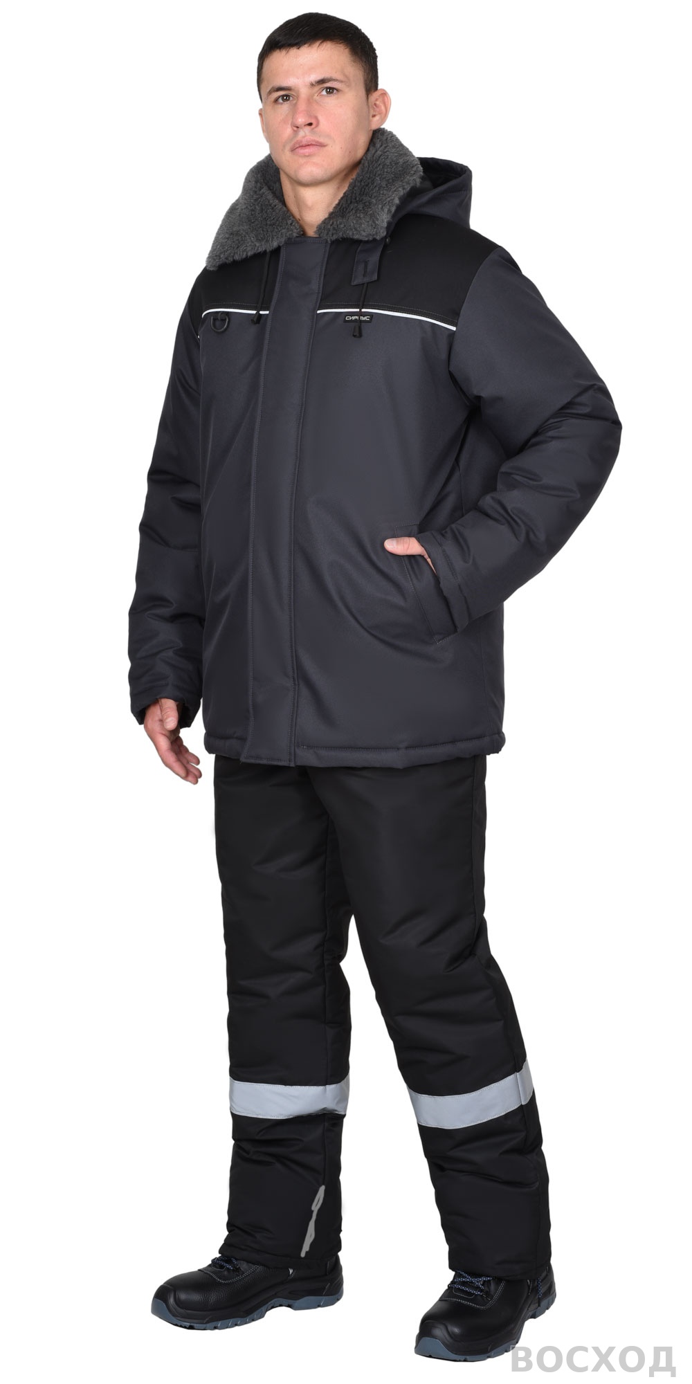 Куртка СИРИУС-МАСТЕР-М зимняя, муж. с мех. воротником и капюшоном, тёмно-серая с черым и СВ кантом